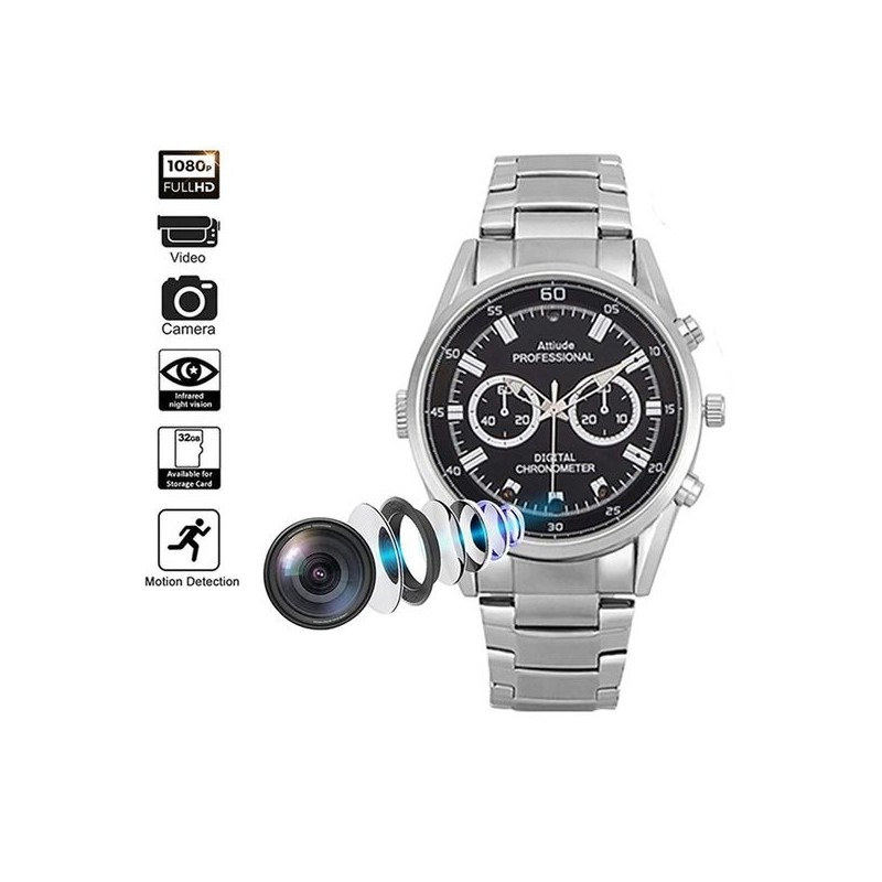 Montre caméra cachée discrete HD 1080P vision de nuit 32 Go gris